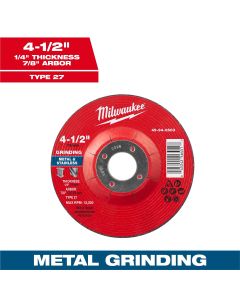 MLW49-94-0503 image(0) - Milwaukee Tool 4-1/2" x 1/4" x 7/8" Metal Grinding Wheel - Type 27