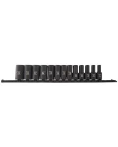 SUN3338A image(0) - SUNEX 13 Piece 3/8 Inch Drive 12pt Metric Semi-Deep Impact Socket Set on Rail