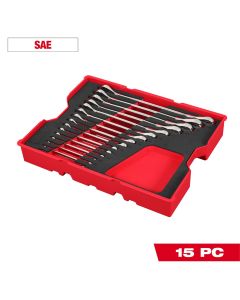 Milwaukee Tool 15 Piece SAE Ratcheting Combination Wrench Set with Tray for PACKOUT Drawers