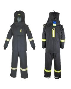 OBRTCG3B-ESL-XL-HVSL image(0) - OBERON Suit Kit - Arc Flash - 25 Cal TCG - Comes with Hood, Coat, Bib Coveralls and  Fresh Air Arc Flash Hood Ventilation System & Light - With Escape Strap - With Leg Zippers - Color: Black - Size: XL