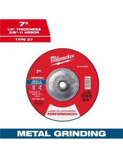 MLW49-94-0637 image(0) - Milwaukee Tool 7" x 1/4" x 5/8"-11 Performance+ Metal Grinding Wheel - Type 27