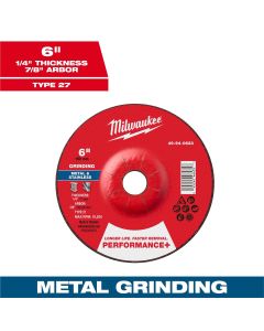 MLW49-94-0623 image(0) - Milwaukee Tool 6" x 1/4" x 7/8" Performance+ Metal Grinding Wheel - Type 27