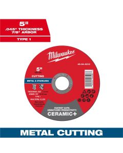 MLW49-94-0213 image(0) - Milwaukee Tool 5" x .045" x 7/8" Ceramic+ Metal Cut Off Wheel -Type 1