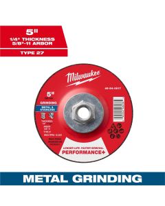 MLW49-94-0617 image(0) - Milwaukee Tool 5" x 1/4" x 5/8"-11 Performance+ Metal Grinding Wheel - Type 27