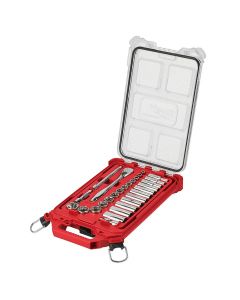 MLW48-22-9481 image(0) - Milwaukee Tool 3/8” Drive 28pc Ratchet & Socket Set with PACKOUT Low-Profile Compact Organizer - SAE