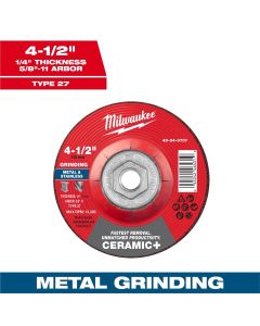 MLW49-94-0707 image(0) - Milwaukee Tool 4-1/2" x 1/4" x 5/8"-11 Ceramic+ Metal Grinding Wheel - Type 27