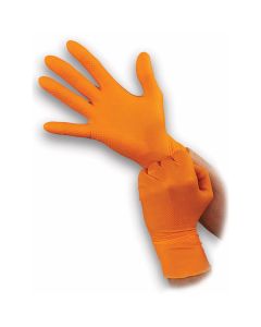 Atlantic Safety Company Super tough orange 8mil powder free nitrile disposable gloves with aggressive diamond grip. Touchscreen compatible, food safe and resists most chemicals. Latex Free. Not for Medical Use. 100/box. XL
