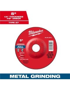 MLW49-94-0513 image(0) - Milwaukee Tool 5" x 1/4" x 7/8" Metal Grinding Wheel - Type 27