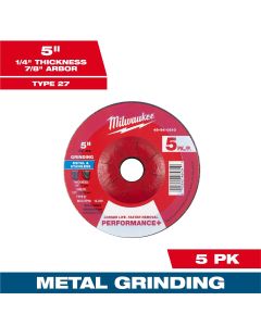 MLW49-94-0610 image(0) - Milwaukee Tool 5" x 1/4" x 7/8" Performance+ Metal Grinding  Wheel - Type 27 - 5pk
