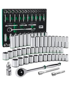 SKTSK01314-216P image(0) - S K Hand Tools 1/2" Drive, 52 Piece, 6 Point, Shallow & Deep, SAE & Metric Chrome Socket Set with 216P Ratchet.  Packaged in EVA Foam Tray
