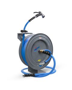 BluBird BluSeal Garden Hose Reel 5/8" x 50' Retractable Heavy Duty Steel Construction with Garden Hose, Spray Nozzle, 6' Lead-in Hose - Grey
