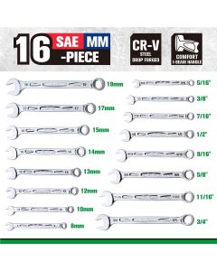 SKTSK01368 image(1) - S K Hand Tools 16 Piece, 12 Point, SAE & Metric Chrome Combination Wrench Set.  Packaged in a Roll