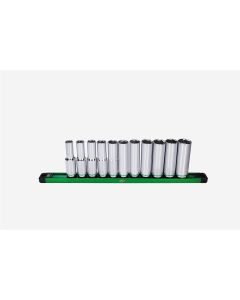 SKTSK01349 image(1) - S K Hand Tools 1/2" Drive, 11 Piece, 6 Point, Deep, Metric Chrome Socket Set.  Packaged on a Rail