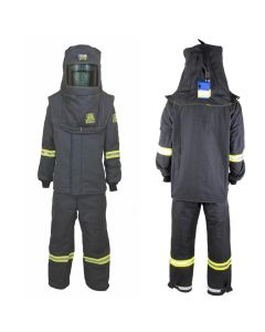 OBRTCG7B-S-HVS image(0) - OBERON Suit Kit - Arc Flash - 140 Cal TCG - Comes with Hood, Coat, Bib Coveralls and Fresh Air Arc Flash Hood Ventilation System - Color: Black - Size: Small