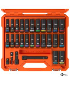 KLE65123HD image(0) - Klein Tools KNECT 1/2-Inch Deep-Well Impact Socket Set, SAE / Metric, 28-Piece