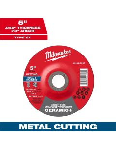 MLW49-94-0217 image(0) - Milwaukee Tool 5" x .045" x 7/8" Ceramic+ Metal Cut Off Wheel -Type 27