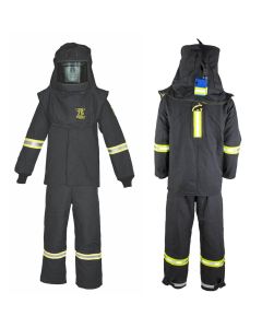 OBERON Suit Kit - Arc Flash - 75 Cal TCG - Comes with Hood, Coat, Bib Coveralls and Fresh Air Arc Flash Hood Ventilation System & Light - With Escape Strap - With Leg Zippers - Color: Black - Size: 4XL