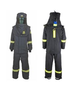OBRTCG7B-ESL-5XL-HVSL image(0) - OBERON Suit Kit - Arc Flash - 140 Cal TCG - Comes with Hood, Coat, Bib Coveralls and Fresh Air Arc Flash Hood Ventilation System & Light - With Escape Strap - With Leg Zippers - Color: Black - Size: 5XL