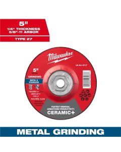 MLW49-94-0717 image(0) - Milwaukee Tool 5" x 1/4" x 5/8"-11 Ceramic+ Metal Grinding Wheel - Type 27