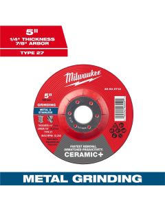 MLW49-94-0713 image(0) - Milwaukee Tool 5" x 1/4" x 7/8" Ceramic+ Metal Grinding  Wheel - Type 27