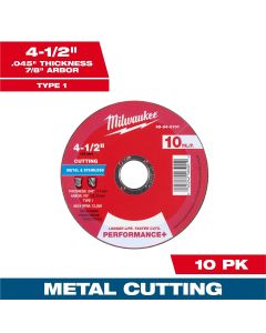 MLW49-94-0101 image(0) - Milwaukee Tool 4-1/2" x .045" x 7/8" Performance+ Metal Cut Off Wheel - Type 1 - 10pk