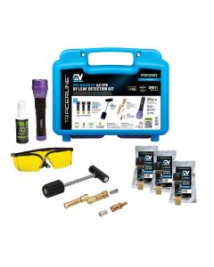 Tracer Products Mini-EZ&trade; POE-Based EV A/C Leak Detection Kit includes (3) 0.25 oz (7 ml) single-dose EV A/C dye cartridges, TPOPUV OPTI-PRO UV flashlight, R-134a coupler, R-1234yf adapter, GLO-AWAY&trade; Plus, glasses, and medium blue carrying case
