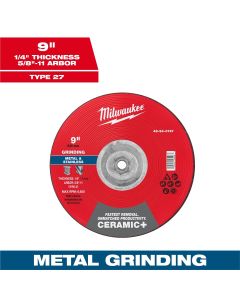 MLW49-94-0747 image(0) - Milwaukee Tool 9" x 1/4" x 5/8"-11 Ceramic+ Metal Grinding Wheel - Type 27