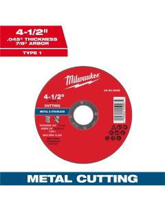 MLW49-94-0005 image(0) - Milwaukee Tool 4-1/2" x .045" x 7/8" Metal Cut Off Wheel -Type 1