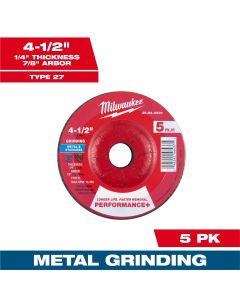 MLW49-94-0601 image(0) - Milwaukee Tool 4-1/2" x 1/4" x 7/8" Performance+ Metal Grinding Wheel - Type 27 - 5pk