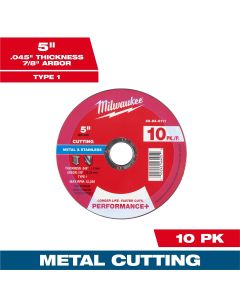 MLW49-94-0111 image(0) - Milwaukee Tool 5" x .045" x 7/8" Performance+ Metal Cut Off Wheel - Type 1 - 10pk