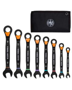 KLE69508M image(0) - Klein Tools Ratcheting Combination Slide-Lock Wrench Set, Metric, 8-Piece