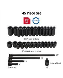 SUN2545 image(1) - SUNEX 1/2" Drive Metric 6 Point Standard & Deep, Universal Joint & Extensions 45-Piece Master Impact Socket Set