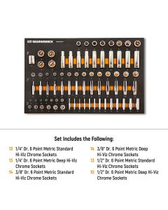 KDTGWMSSKTHMM image(1) - GEARWRENCH 77 Piece 1/4", 3/8" & 1/2" Drive Hi-Viz Metric Socket Set in Foam Tray