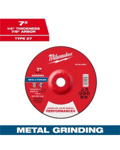 MLW49-94-0633 image(0) - Milwaukee Tool 7" x 1/4" x 7/8" Performance+ Metal Grinding Wheel - Type 27