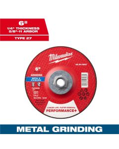 MLW49-94-0627 image(0) - Milwaukee Tool 6" x 1/4" x 5/8"-11 Performance+ Metal Grinding Wheel - Type 27