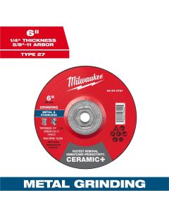MLW49-94-0727 image(0) - Milwaukee Tool 6" x 1/4" x 5/8"-11 Ceramic+ Metal Grinding Wheel - Type 27