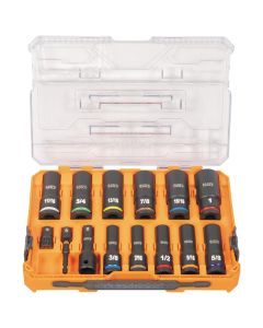 KLE65109IMPCT image(0) - Klein Tools KNECT&trade; Deep-Well 3/8-Inch Drive Impact Socket Set, SAE, 9-Piece