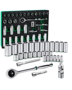 SKTSK01315-216P image(0) - S K Hand Tools 1/2" Drive, 31 Piece, 6 Point, Standard & Deep, Metric Chrome Socket Set with 216P Ratchet.  Packaged in EVA Foam tray