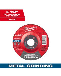 MLW49-94-0703 image(0) - Milwaukee Tool 4-1/2" x 1/4" x 7/8" Ceramic+ Metal Grinding Wheel - Type 27