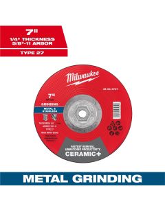 MLW49-94-0737 image(0) - Milwaukee Tool 7" x 1/4" x 5/8"-11 Ceramic+ Metal Grinding Wheel - Type 27