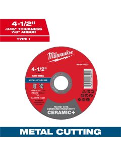 MLW49-94-0203 image(0) - Milwaukee Tool 4-1/2" x .045" x 7/8" Ceramic+ Metal Cut Off Wheel -Type 1