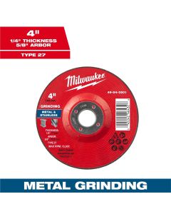 MLW49-94-0501 image(0) - Milwaukee Tool 4" x 1/4" x 5/8" Metal Grinding Wheel - Type 27