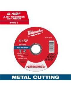 MLW49-94-0105 image(0) - Milwaukee Tool 4-1/2" x .045" x 7/8" Performance+ Metal Cut Off Wheel - Type 1