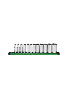 SKTSK01346 image(0) - S K Hand Tools 3/8" Drive, 12 Piece, 6 Point, Deep, SAE Chrome Socket Set.  Packaged on a Rail
