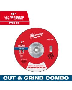 MLW49-94-0947 image(0) - Milwaukee Tool 9" x 1/8" x 5/8"-11 Performance+ Dual Metal Cut & Grind Wheel - Type 27