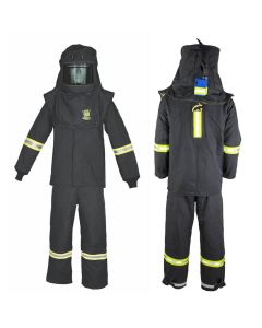 OBRTCG6B-ESL-T5XL-HVSL image(0) - OBERON Suit Kit - Arc Flash - 100 Cal TCG  - Comes with Hood, Coat, Bib Coveralls and  Fresh Air Arc Flash Hood Ventilation System & Light - With Escape Strap - With Leg Zippers - Color: Black - Size: 5XL Tall