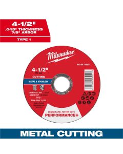 MLW49-94-0103 image(0) - Milwaukee Tool 4-1/2" x .045" x 7/8" Performance+ Metal Cut Off Wheel - Type 1