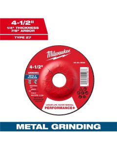 MLW49-94-0605 image(0) - Milwaukee Tool 4-1/2" x 1/4" x 7/8" Performance+ Metal Grinding Wheel - Type 27