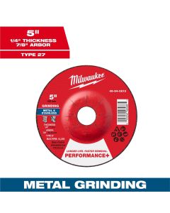 MLW49-94-0613 image(0) - Milwaukee Tool 5" x 1/4" x 7/8" Performance+ Metal Grinding  Wheel - Type 27