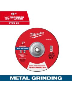 MLW49-94-0647 image(0) - Milwaukee Tool 9" x 1/4" x 5/8"-11 Performance+ Metal Grinding Wheel - Type 27